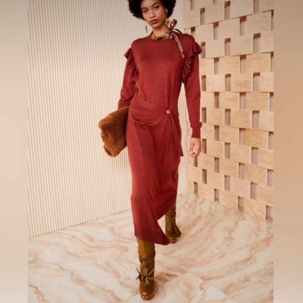 Ulla Johnson Dress Womens Small Rust Brown Sweater Knit Midi Long Sleeve New